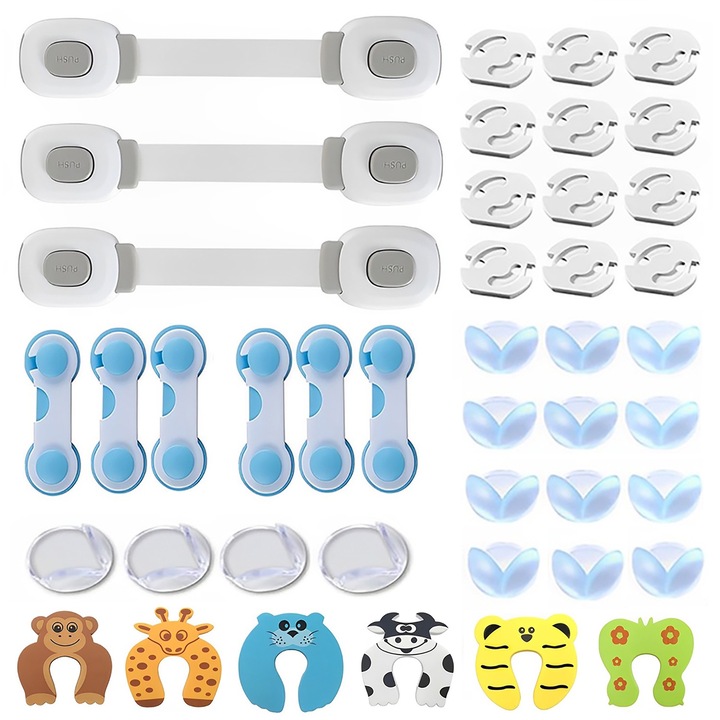 Set 43 de Piese Siguranta pentru Copii, BYONDSELF®, 6xBanda Protectie, 6xBlocator Usi, 3x Blocator Sertare, 16x Protectii pentru Colturi, 12x Protectii Colturi din Silicon, Adeziv Fixare Puternica 3M, Fara Urme Dupa Indepartare