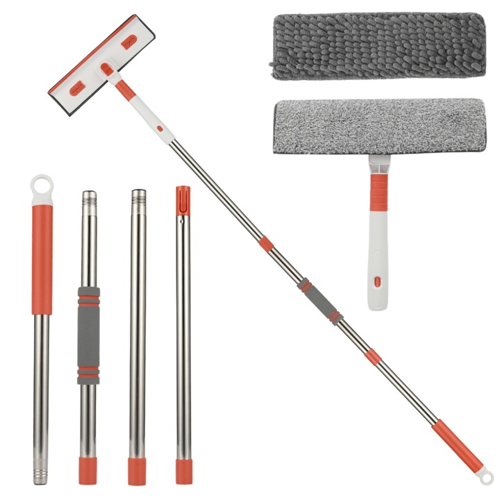 Stergator Geamuri Hasepe® Telescopic 29-226 Cm Cu Maner Extensibil, Stergator Geamuri Cu Racleta Cauciuc Si 2 Lavete Microfibra Incluse, Stergator Geamuri Multifunctional Pentru Curatare Geamuri Gresie Faianta Si Podea, Design Reglabil