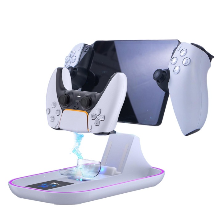 Statie de incarcare LYCENXI pentru PS5, suport cu iluminare RGB, alb, cu cablu Type-C