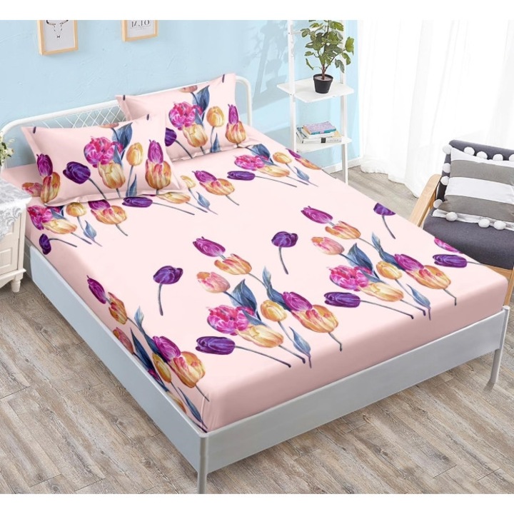 Долен чаршаф за легло и калъфки за възглавници, Finet, Multicolor Print Tulip, 180x200cm, 3 части, 2 души