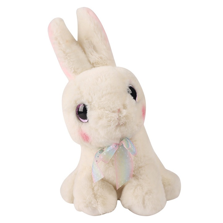 Jucarie de plus Iepuras, fundita colorata, 25cm, alb/roz/gri