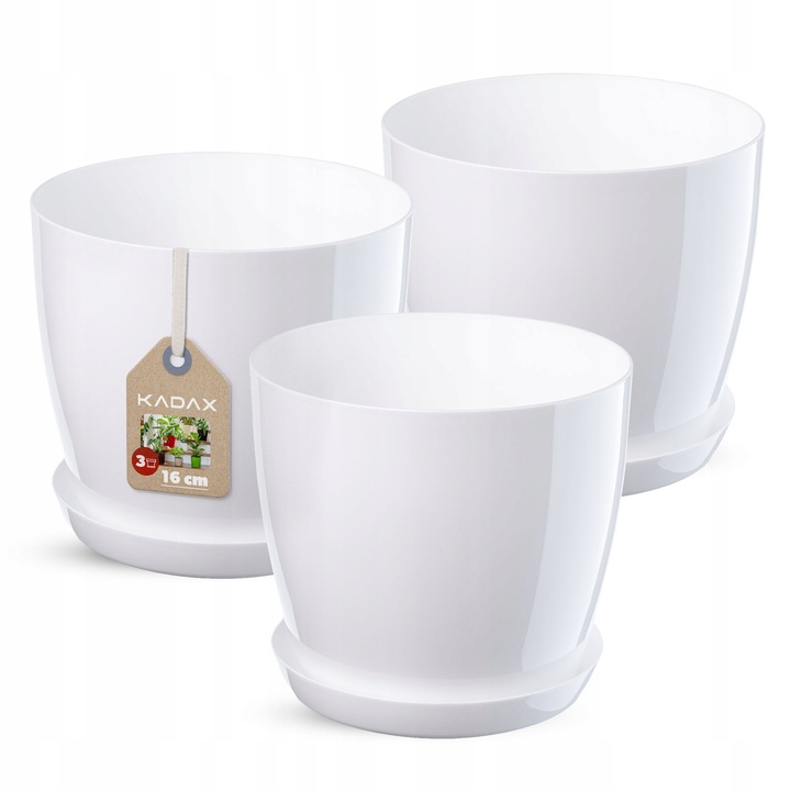 Set 3 Ghivece cu farfurii, KADAX, Plastic, 16 x 14.5 cm, Alb Lucios