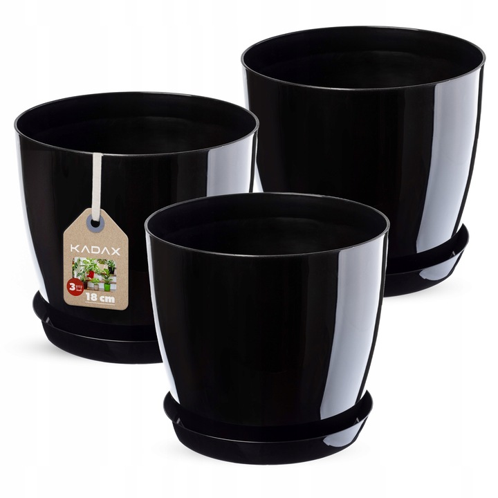 Set 3 ghivece cu suport KADAX, plastic, negru lucios, 18 cm