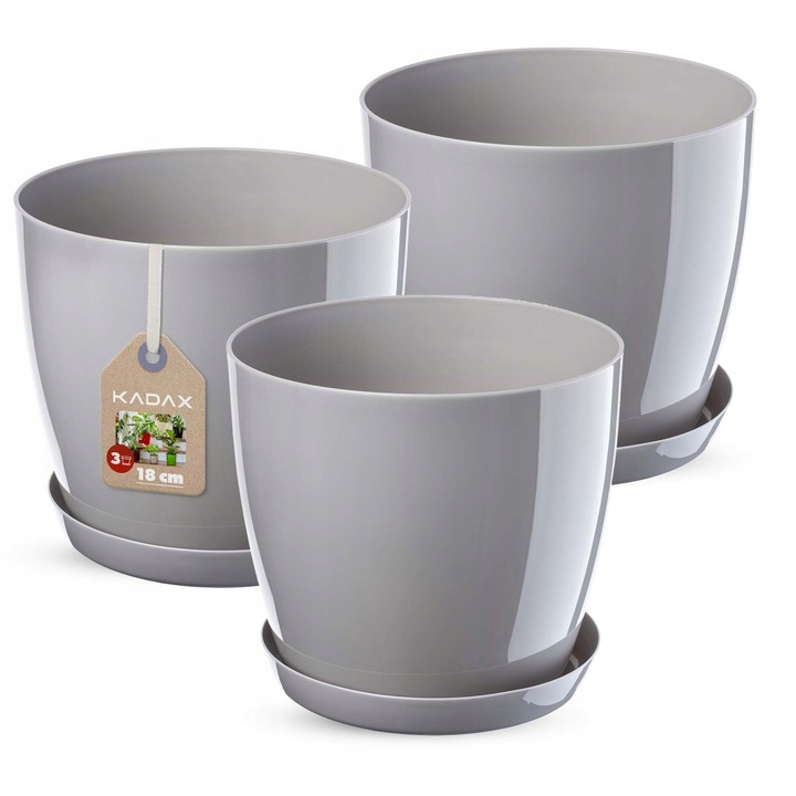 Комплект от 3 саксии с поставка KADAX, пластмасови, лъскаво сиви, 18 см