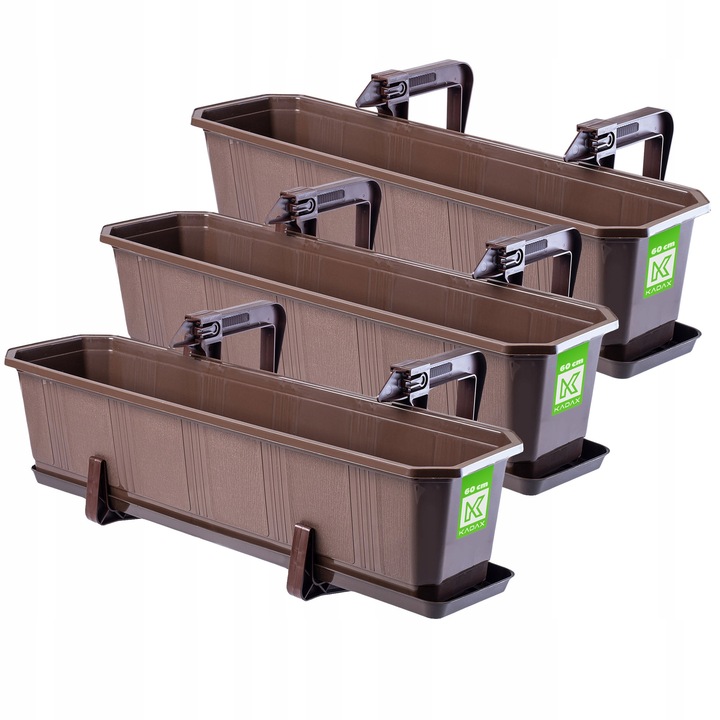 Комплект 3 балконски саксии KADAX, пластмасови, кафяви, с подпори, 60x17x15см