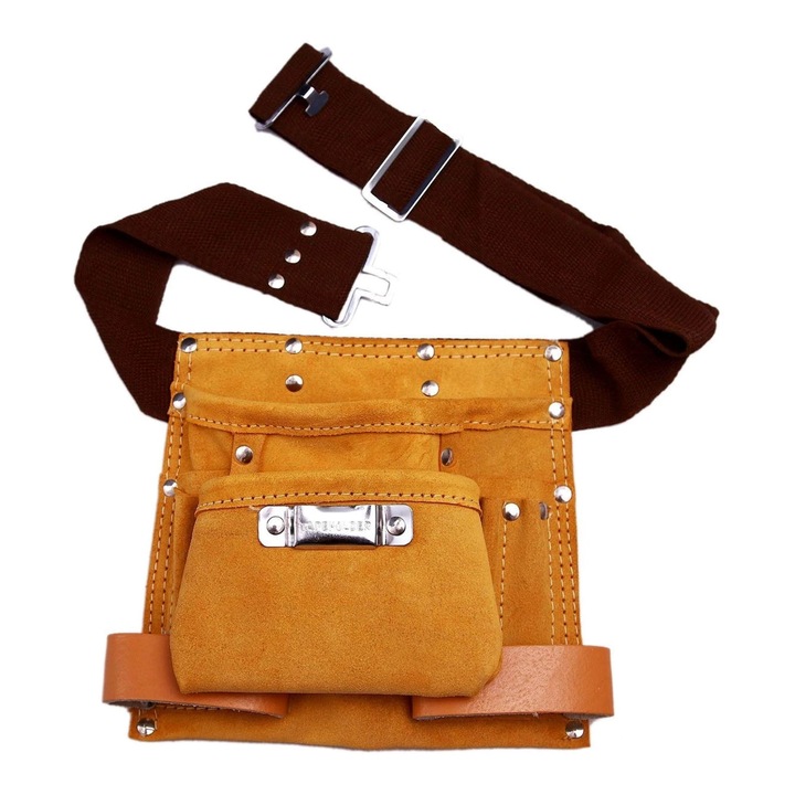 Centura port-unelte, cu 6 buzunare, din piele, 23 x 22 x 3.5 cm