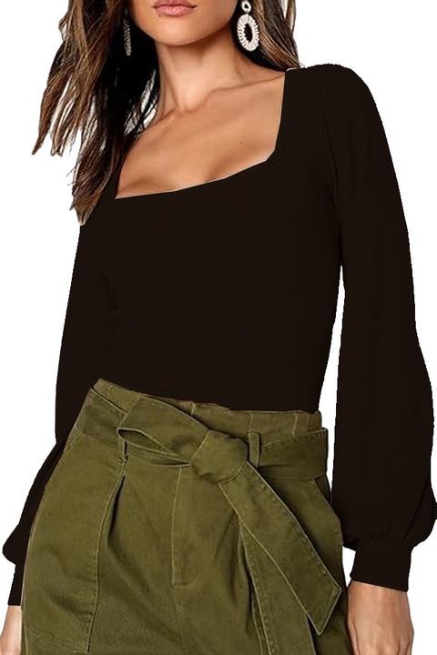 Top cu maneca lunga, decolteu adanc, pentru femei, Kekuningan, Negru