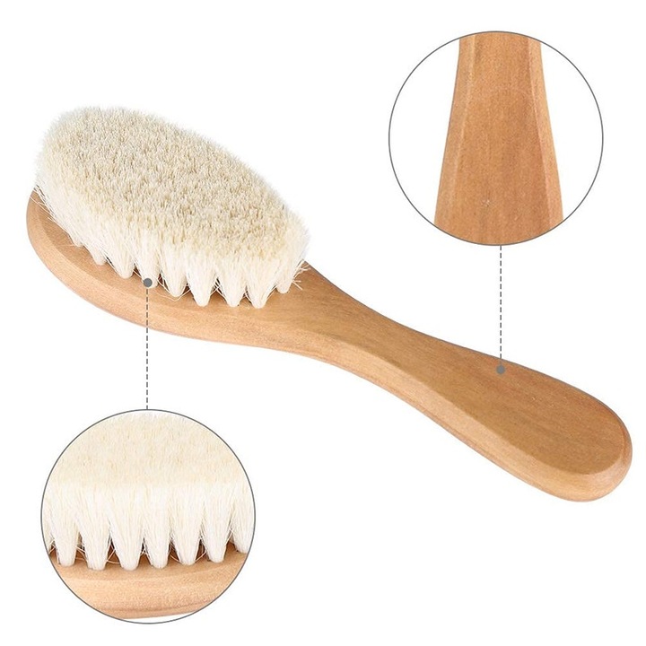 Комплект четка и гребен за бебета, естествен кози косъм, дървена дръжка, подаръчна кутия