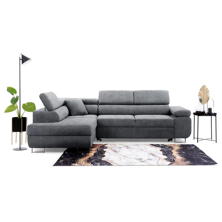 Coltar Extensibil, Bogart, Annabelle, Stanga, Materiale Hidrofobe, Cu Functia De Dormit, 270x200x77/98 cm, Cu 1 Perne, Velur, Gri inchis