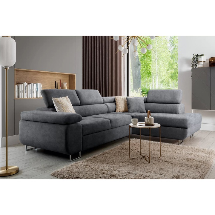 Coltar Extensibil, Bogart, Annabelle, Dreapta, Materiale Hidrofobe, 270x200x77/98 cm, Cu 1 Perne, Velur, Gri inchis