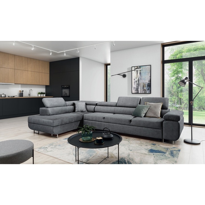 Coltar Extensibil, Bogart, Annabelle Maxi, Stanga340x201x76/98 cm, Velur, Gri inchis