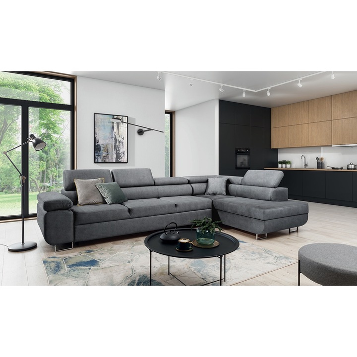 Coltar Extensibil, Bogart, Annabelle Maxi, Dreapta, Cu Functia De Dormit, 340x201x76/98 cm, Velur, Gri inchis