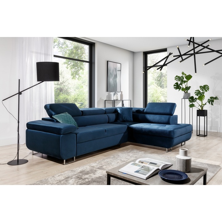 Coltar Extensibil, Bogart, Annabelle, Dreapta, Materiale Hidrofobe, Cu Functia De Dormit, 270x200x77/98 cm, Cu 1 Perne, Velur, Albastru inchis