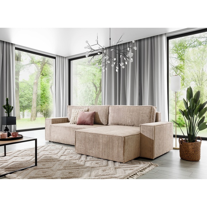 Coltar Extensibil, Bogart, Flabio Mini prawy, Dreapta, Cu Functia De Dormit, 283x144x90/77 cm, Cu 2 Perne, Textil, Bej