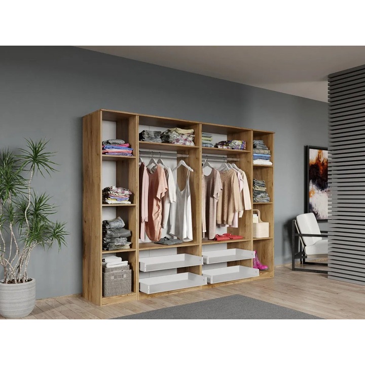 Dulap dormitor, Acapulco, 248cm, 6usi, Stejar Auriu cu Alb, Oglinzi x4, Pal Melaminat