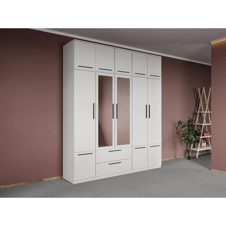 Dulap dormitor, Madrid, Alb, 5U cu Oglinda, Suprapozabil, Pal Melaminat