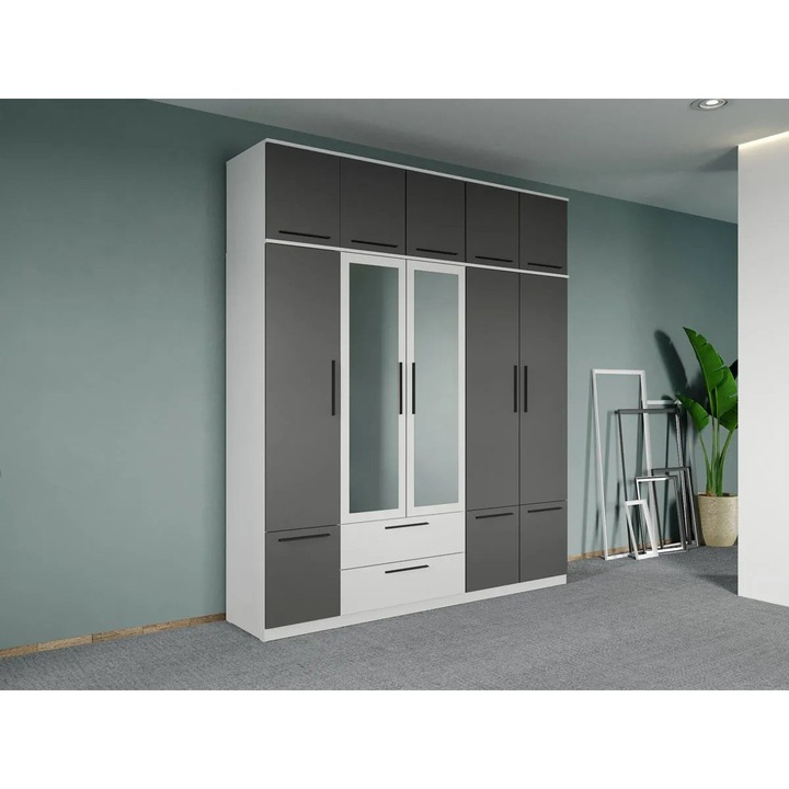 Dulap dormitor, Madrid, Alb cu Gri, 5usi, Oglinda, Suprapozabil, Pal Melaminat