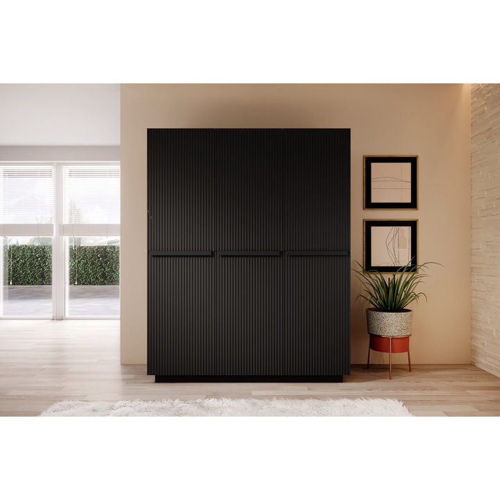 Dulap, Bogart, Nicole, Cu Trei Usi, Cu Manere Metalice, 150x207x62 cm, Cu Plinta, PAL/MDF/HDF, Negru mat/Negru