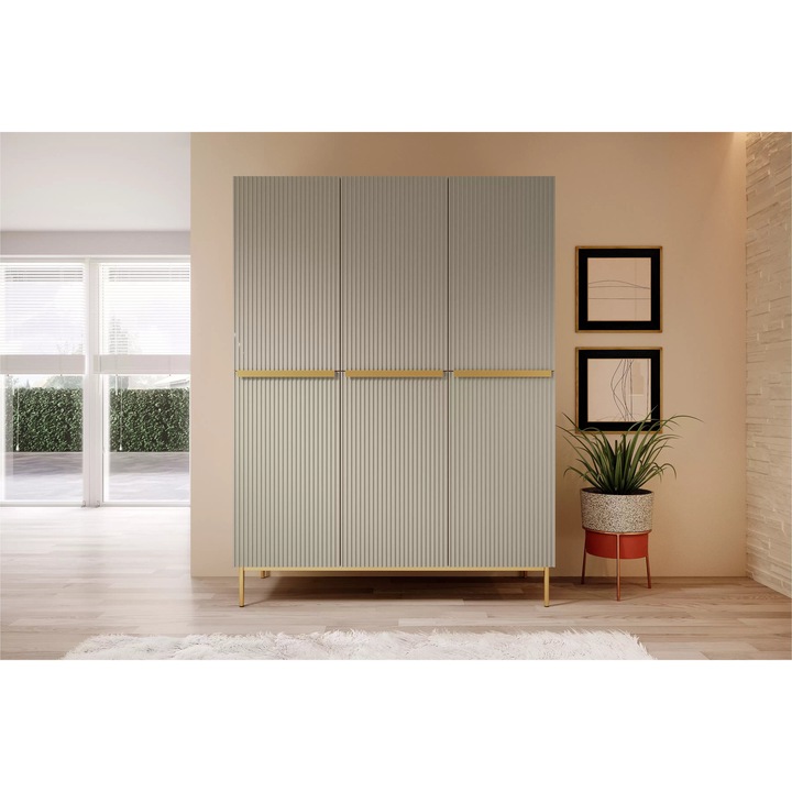 Dulap, Bogart, Nicole, Cu Trei Usi, Cu Sertare Ascunse Si Picioare Metalice, 150x220x62 cm, Cu Cadru, PAL/MDF/HDF, Bej/Auriu