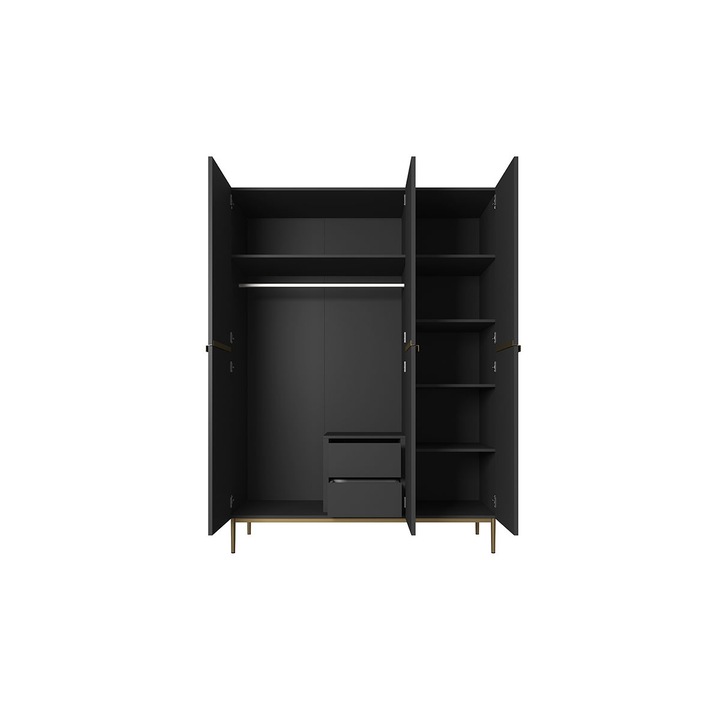 Dulap, Bogart, Nicole, Cu Trei Usi, Cu Sertare Ascunse Si Picioare Metalice, 150x220x62 cm, Cu Cadru, PAL/MDF/HDF, Negru mat/Auriu