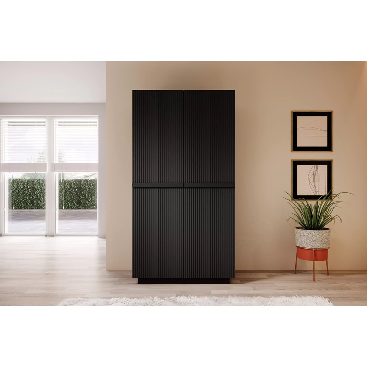 Dulap, Bogart, Nicole, Cu Sertare Ascunse Si Manere Metalice, 100x207x62 cm, Cu Plinta, PAL/MDF/HDF, Negru mat/Negru