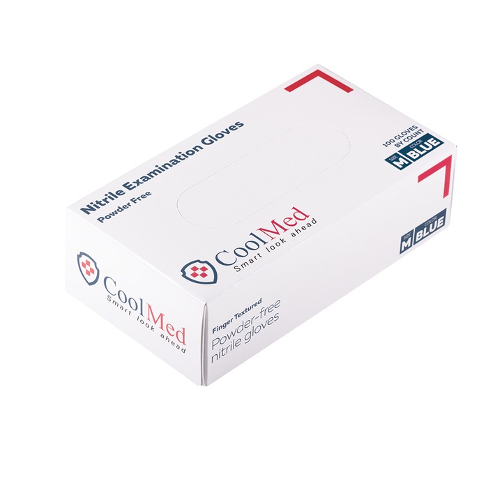 Set 100 Buc Manusi examinare nitril, Cool Med, culoare albastra, fara pudra, texturate pe varful degetelor, M