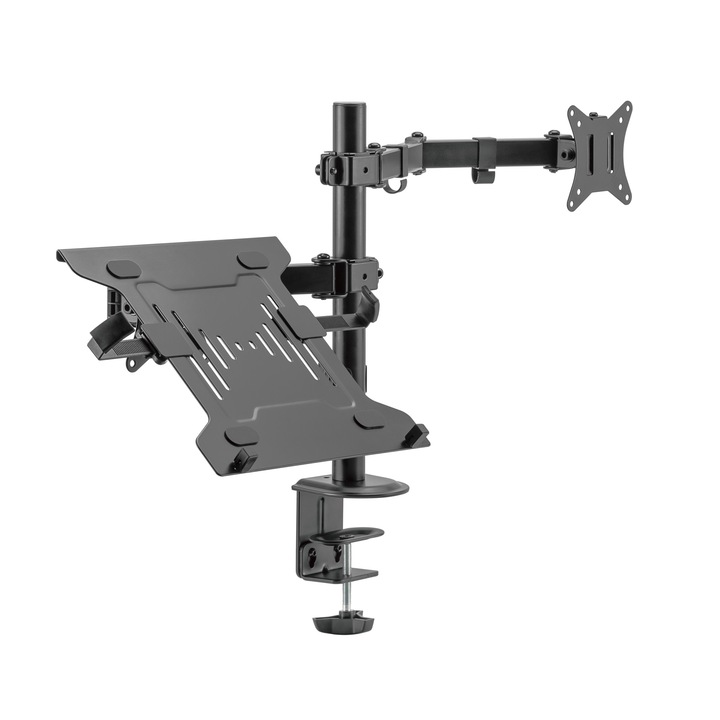 Suport de birou monitor si laptop, Nexio, 17-32 inch(43cm-81cm), dubla articulatie, reglabil, sustine 9KG/suport, Negru