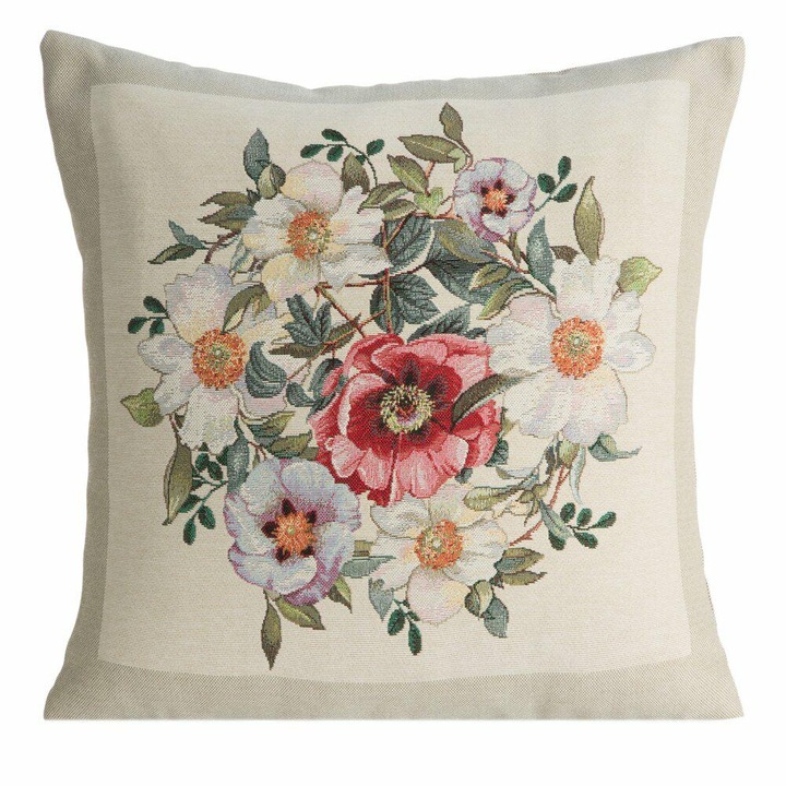 Fata De Perna, Eurofirany, 4039/Nat, Retro, Floral, Patrat, 45x45 cm, Bumbac/Poliester/Acrilic, Bej/Multicolor