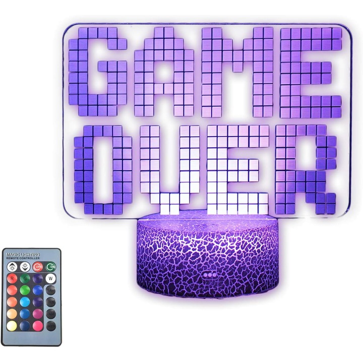 Lampa de veghe 3D, model GAME OVER, USB, multicolora, portabila, cu suport si telecomanda