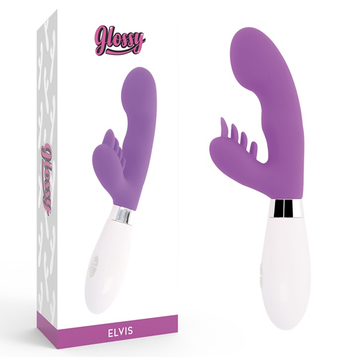 Masajer Rabbit GLOSSY Elvi, Silicon, 10 Moduri de Vibratie, 2 Motoare, Mov, 12cm