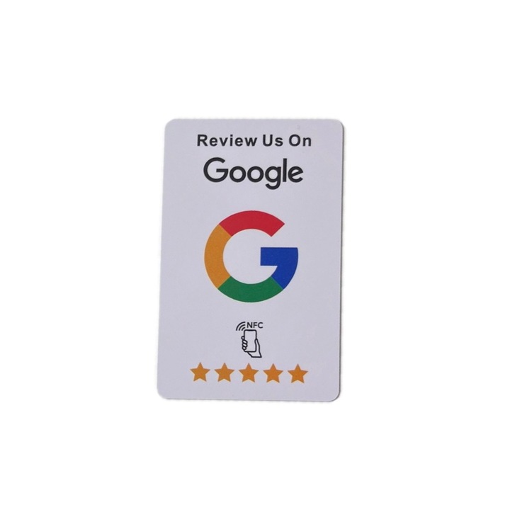 Kártya a Google Business Maps véleményekhez, gyors szkennelés a telefonnal, Android és iOS kompatibilis, többszörös programozás NFC-vel, utasítások román nyelven, fehér