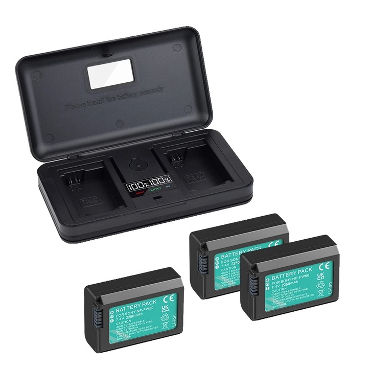 Set 3 baterii si incarcator dual LED pentru Sony NP-FW50, 2250mAh, intrare Type-C si micro USB, 137x78x29mm