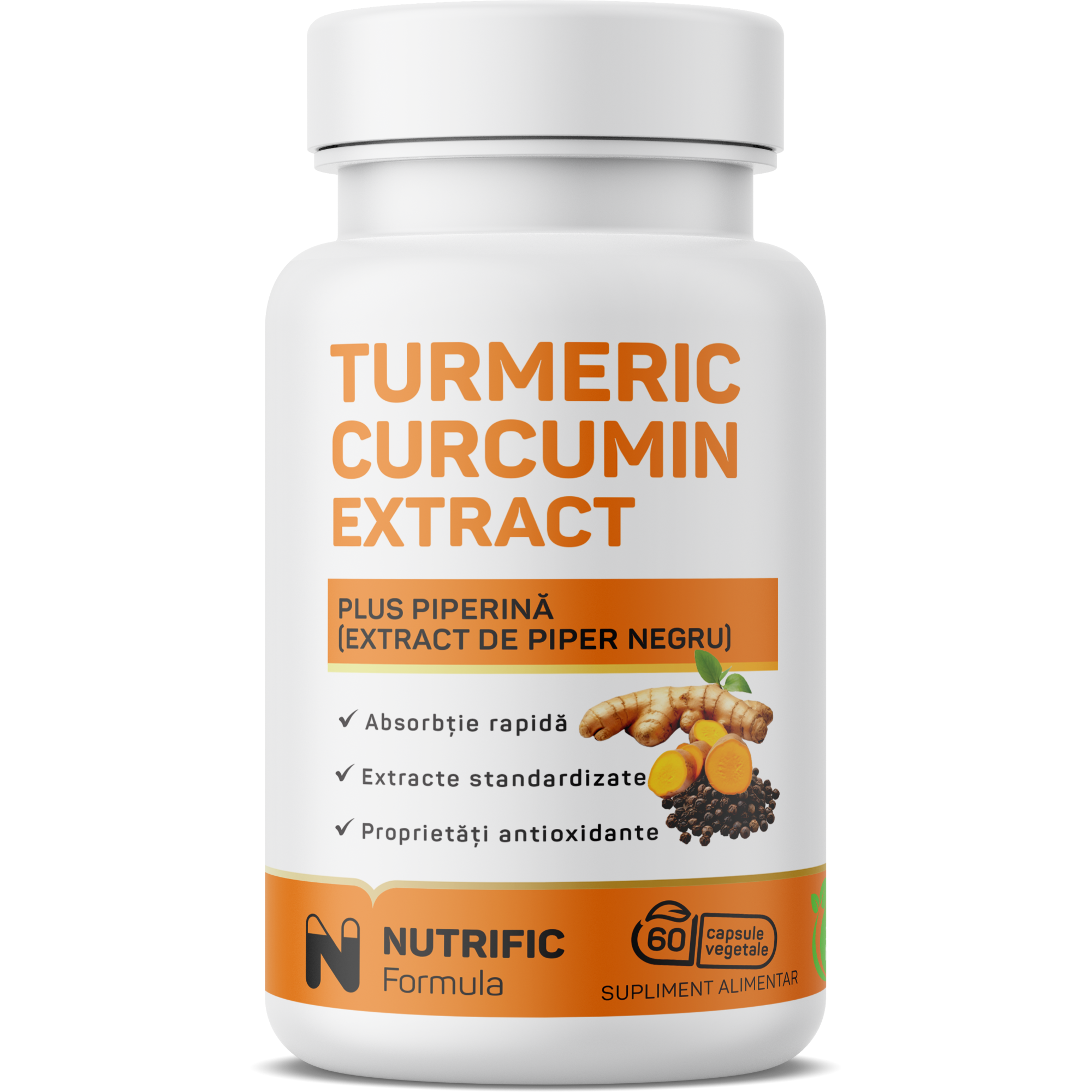 Supliment alimentar Turmeric Curcumin Extract 500mg plus Piperina, reduce durerea in mod natural, 60 capsule vegetale, Nutrific