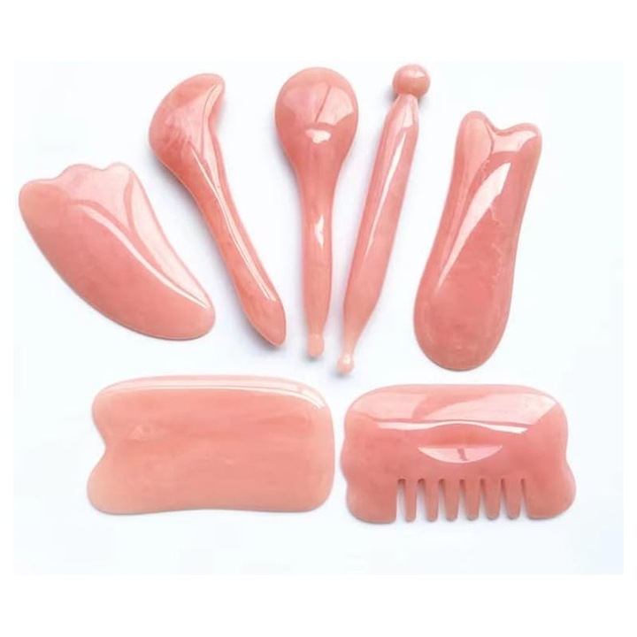 Set 7 Piatra Gua Sha din Jad, Rqiurpn, pentru masaj facial si corporal, roz