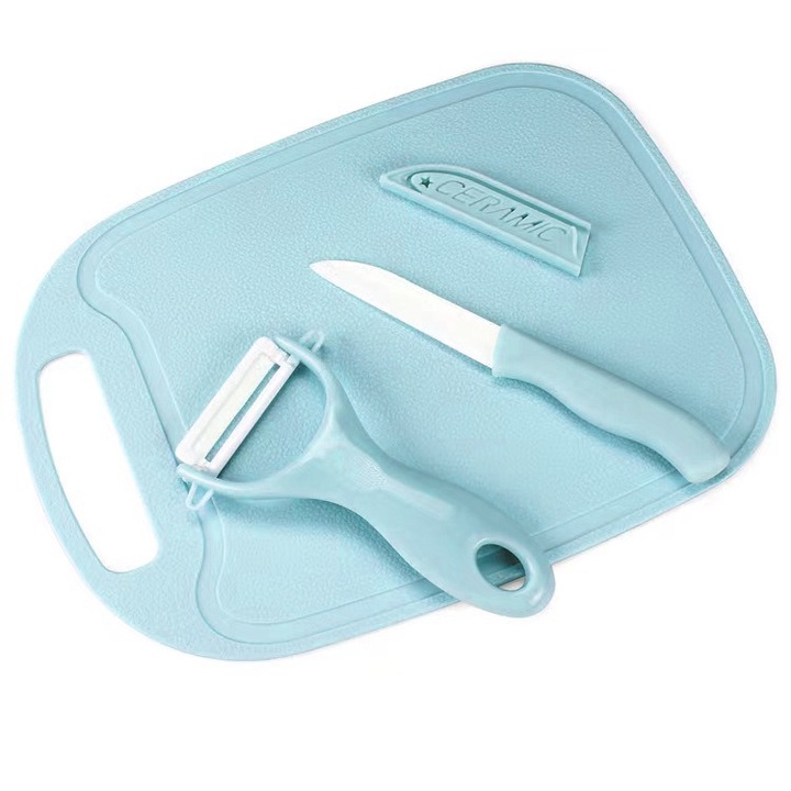 Set de trei piese pentru Curatare, Cutit pentru fructe si tocator, Ceramica, Nu ruginesc, Albastru