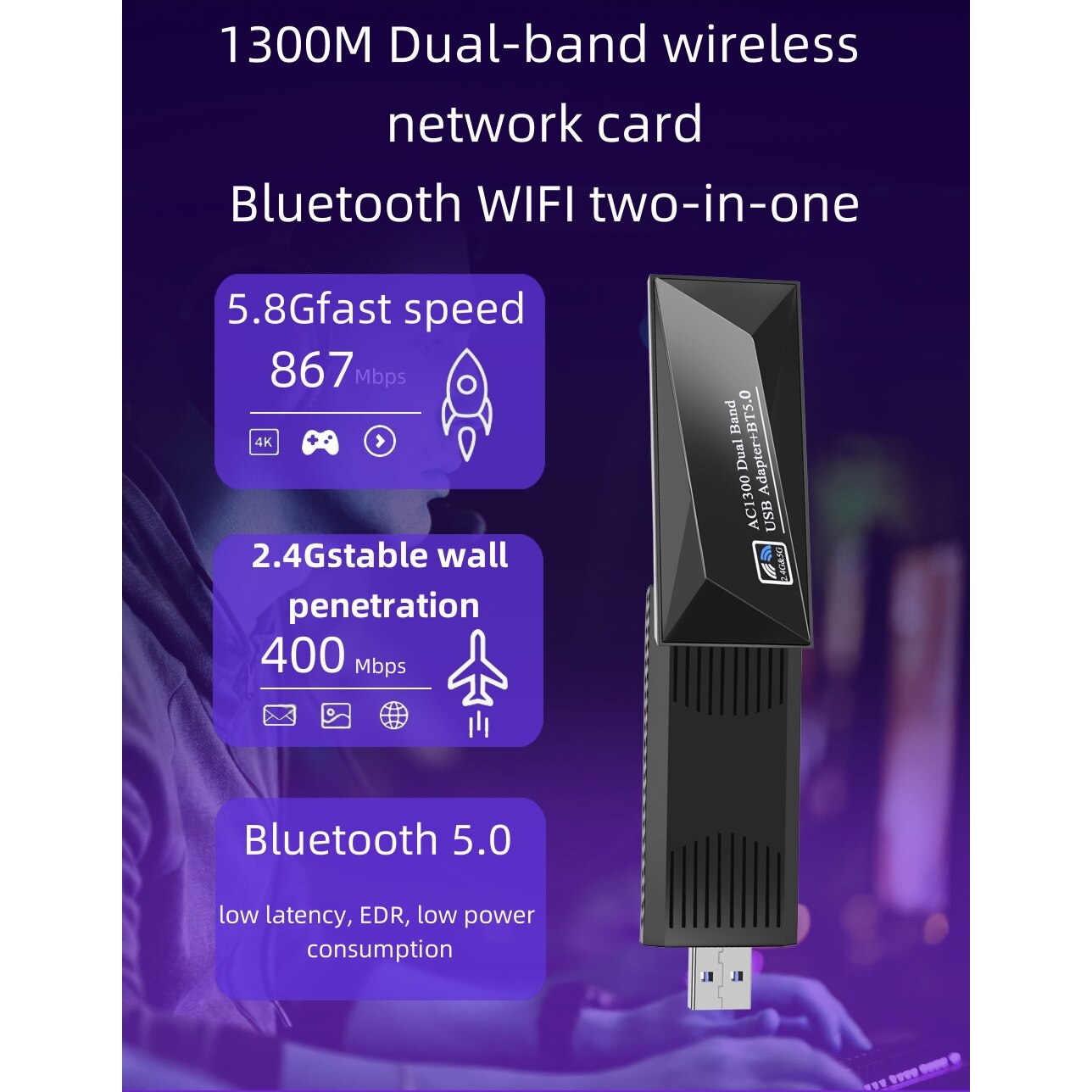Безжичен адаптер, WIFI 1300Mbps+Bluetooth 5.0, USB3.0 интерфейс ...