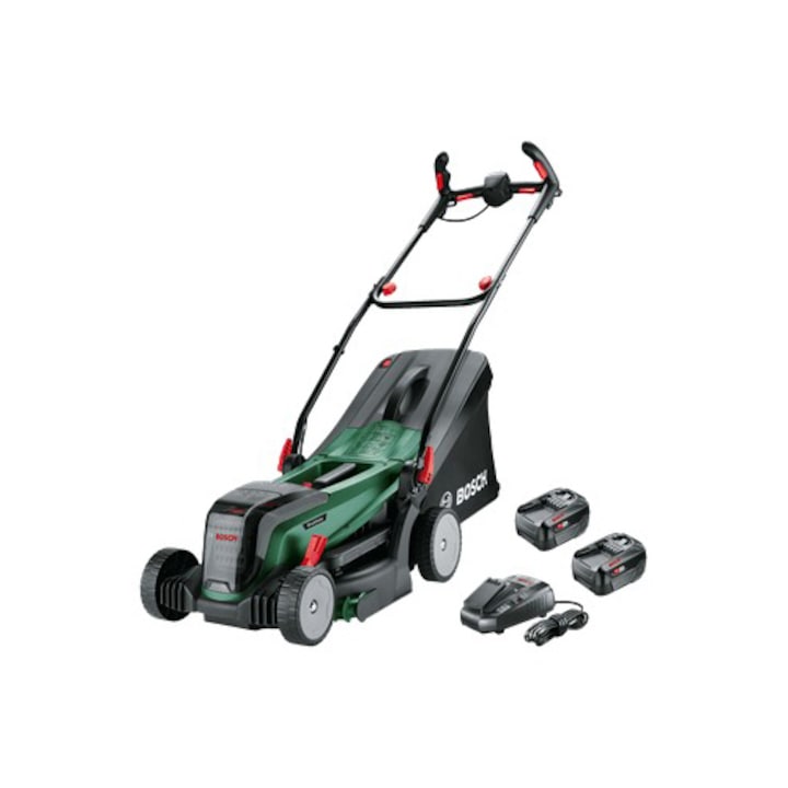 Masina de tuns gazon/iarba pe acumulator Bosch UniversalRotak 2x18V-37-550, latime taiere 37 cm, inaltime de taiere 25-70 mm, 5 trepte de taiere, sac colector 40 l, include: 2 X incarcator + 2 X acumulator 18V 4.0Ah