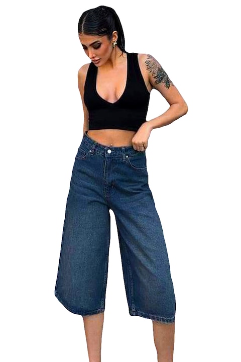 Blugi scurti Conan, croiala mom baggy cu talie inalta, Albastru inchis