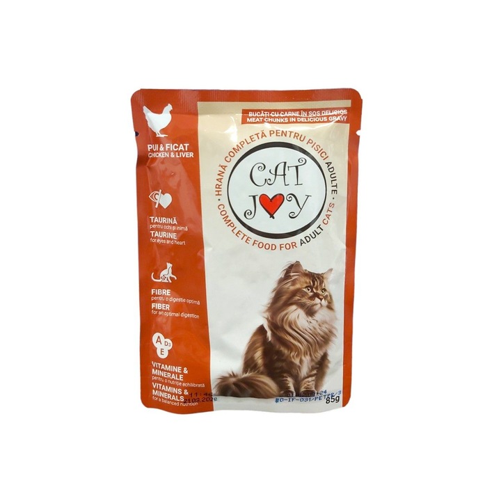 Mancare pentru pisici Cat Joy adult pui si ficat in sos, 85 gr, 12 pliculete