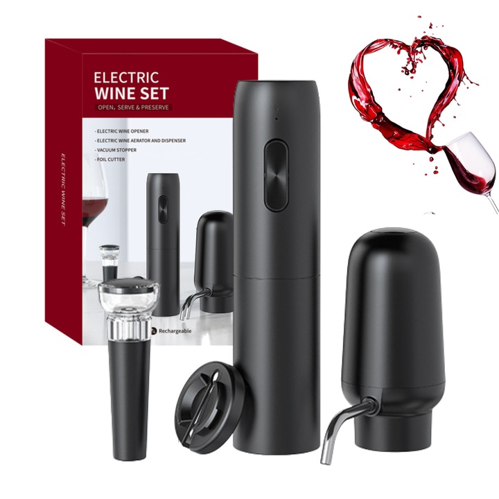 Tirbuson electric automat pentru vin, reincarcabil, Set 4 in 1, aerator si dozator de vin electric, accesoriu taiat sigiliu sticla, dop sticla vin cu pompa vid pentru a scoate aerul, functie inainte-inapoi, One-Touch, cablu USB, smart, Negru rotund, ABS