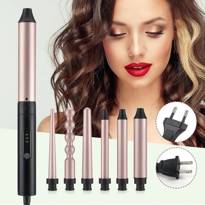 Set Ondulator profesional 6 in 1, bucle, umed uscat, cu dubla utilizare, ondulator electric, Ceramica ionica, Oprire Automata, Instrument de coafare a parului, 160°-200°C, Negru