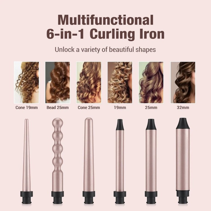 Set Ondulator profesional 6 in 1, bucle, umed uscat, cu dubla utilizare, ondulator electric, Ceramica ionica, Oprire Automata, Instrument de coafare a parului, 160°-200°C, Negru
