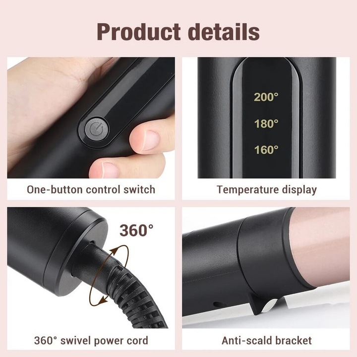Set Ondulator profesional 6 in 1, bucle, umed uscat, cu dubla utilizare, ondulator electric, Ceramica ionica, Oprire Automata, Instrument de coafare a parului, 160°-200°C, Negru