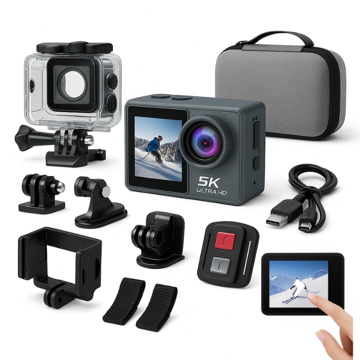 Camera De Actiune 5K Ultra HD IdealTI® M-40R Smart, Foto 50MP, Stabilizare EIS, WiFi, Dual Screen, Waterproof 30M, Senzor Sony IMX386, 256GB, HDMI & USB-C, Vlogging