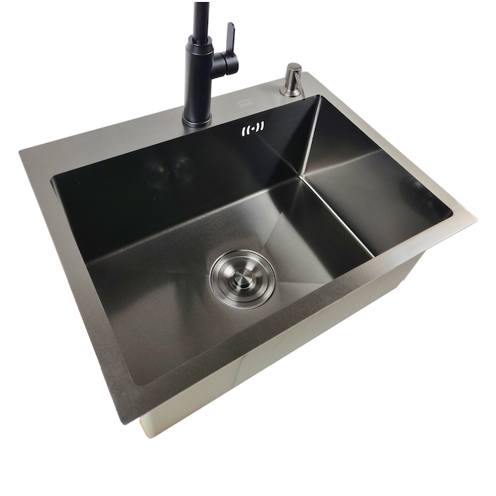 Set Chiuveta Bucatarie O Cuva, Sunbest, 55x43cm, Otel Inoxidabil 3mm, Invelis PVD, Grafit Inchis, Sifon, Dozator, Cos Picurator, Kit Montaj, Adancime 220mm, Strat Anticondens, Panouri Antifonare, Rezistent Socuri