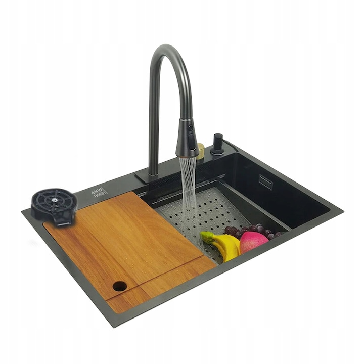 Chiuveta din otel 75x46 cu baterie cascada, Dus Extractabil, Graphite cu set de accesorii