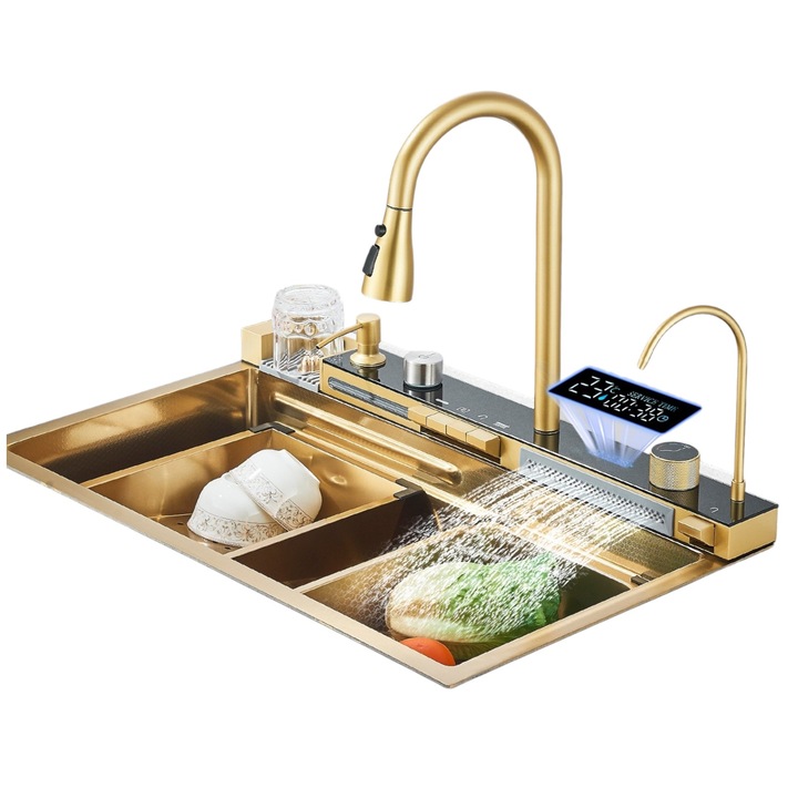 Chiuveta Multifunctionala BisDesign® pentru Bucatarie, Toate Accesoriile incluse, Dus Extractabil, Tocator ABS, Material Antiaderent, Afisaj LCD pentru Temperatura Apei, Doua Functii Cascada, Finisaj Auriu, Dimensiune 75x46 cm
