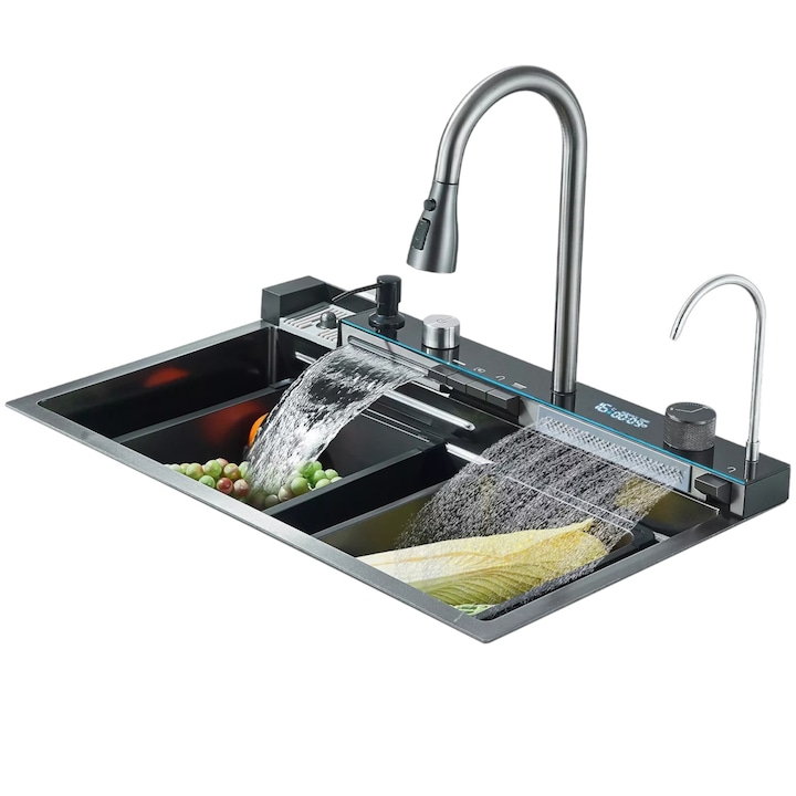 Chiuveta Multifunctionala BisDesign® pentru Bucatarie, Toate Accesoriile incluse, Dus Extractabil, Tocator ABS, Material Antiaderent, Afisaj LCD pentru Temperatura Apei, Doua Functii Cascada, Finisaj Gri Grafit, Dimensiune 75x46 cm
