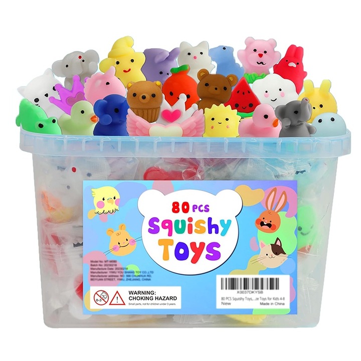 Set 80 Jucarii Squishy, Rqiurpn, Animale si Fructe, Silicon, usor de curatat, elasticitate crescuta, antisress, Multicolor