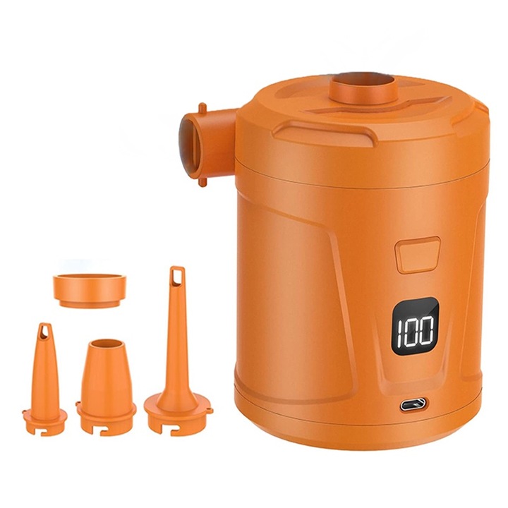 Elektromos felfújó pumpa, Rqiurpn, 4 fúvóka, 5200mAh akkumulátor, USB töltés, LED képernyő, többfunkciós, hordozható, folyamatos használat akár 0,5 óra, Narancs